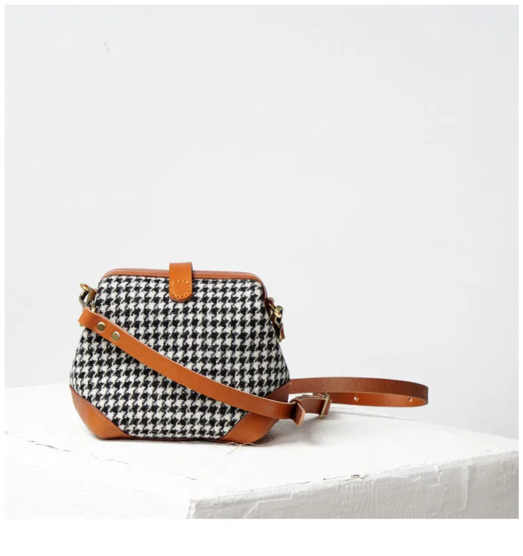 Handmade Womens Black&White Leather Tweed Doctor Handbag Small Side Purses Doctor Purse for Women