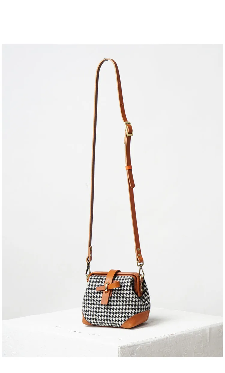 Handmade Womens Black&White Leather Tweed Doctor Handbag Small Side Purses Doctor Purse for Women