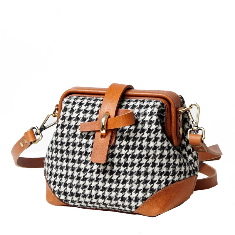 Handmade Womens Black&White Leather Tweed Doctor Handbag Small Side Purses Doctor Purse for Women