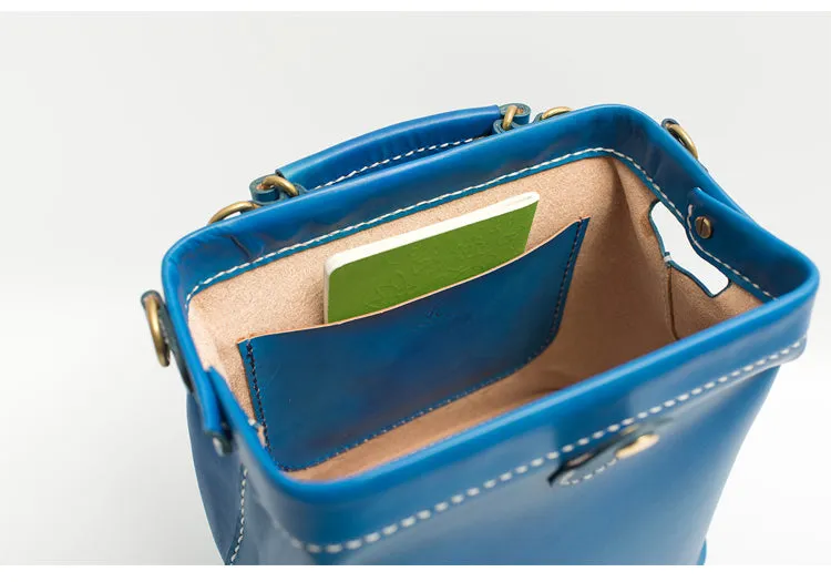 Handmade Womens Blue Leather Doctor Handbag Blue Shoulder Doctor Bags Purse for Women