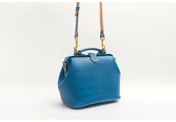 Handmade Womens Blue Leather Doctor Handbag Blue Shoulder Doctor Bags Purse for Women