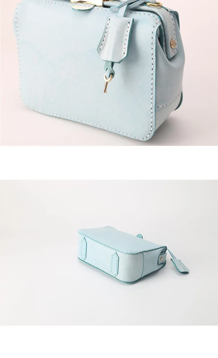 Handmade Womens Blue Leather Doctor Handbag Purse Small Side Bag Doctor Purse for Women
