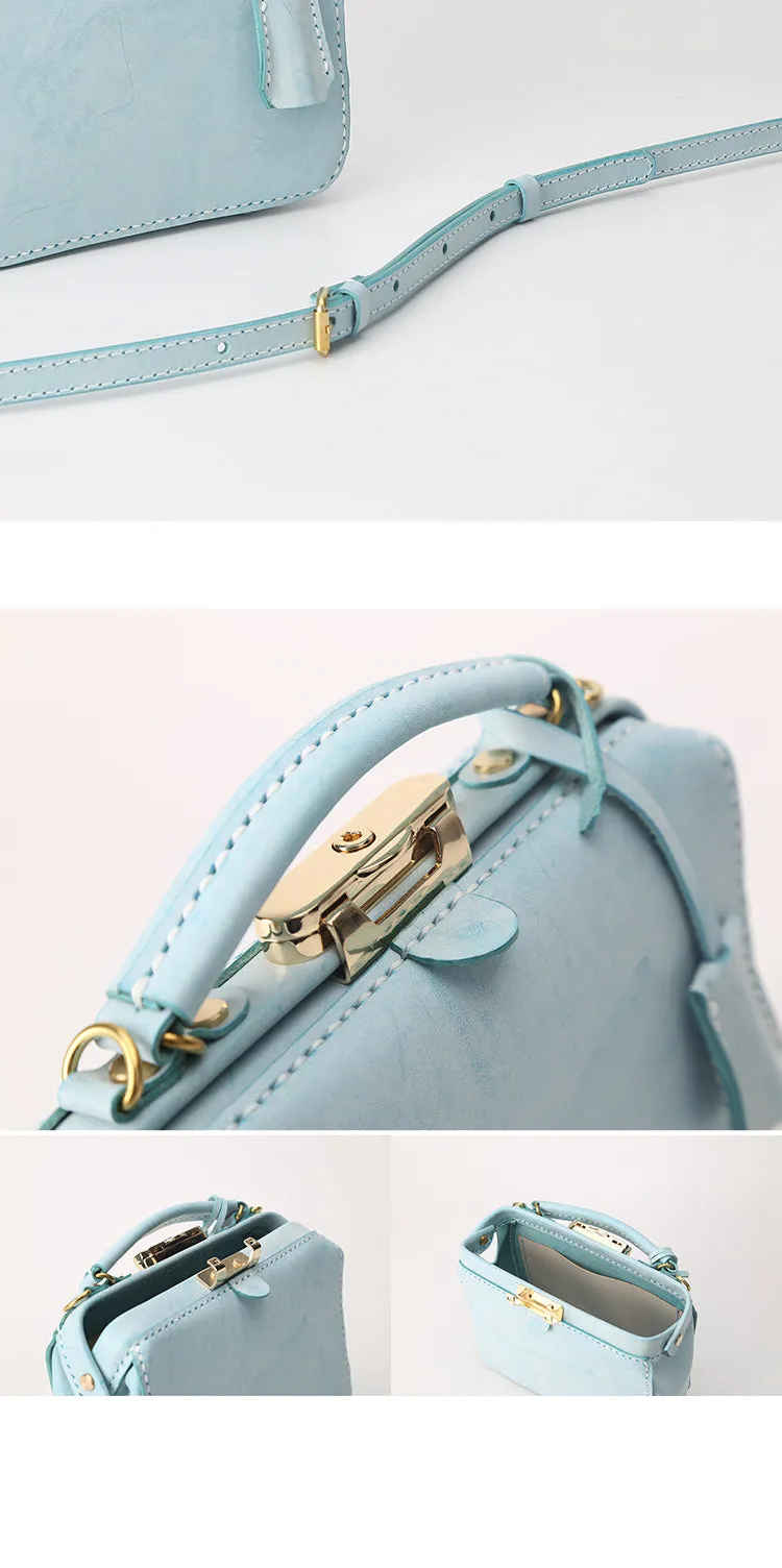 Handmade Womens Blue Leather Doctor Handbag Purse Small Side Bag Doctor Purse for Women