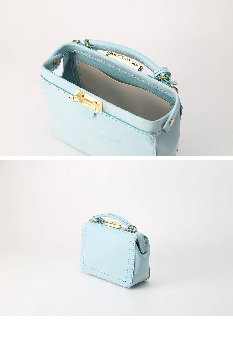 Handmade Womens Blue Leather Doctor Handbag Purse Small Side Bag Doctor Purse for Women