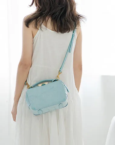 Handmade Womens Blue Leather Doctor Handbag Purse Small Side Bag Doctor Purse for Women
