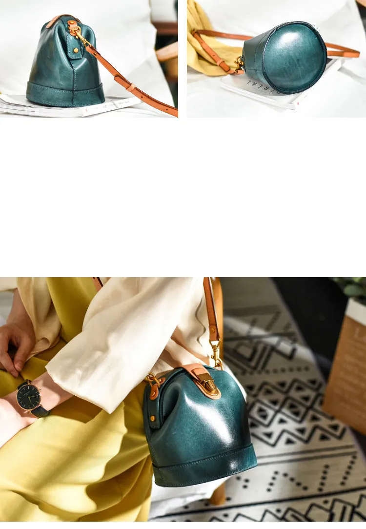 Handmade Womens Coffee Leather Doctor Bucket Shoulder Purses Coffee Doctor Crossbody Purse for Women