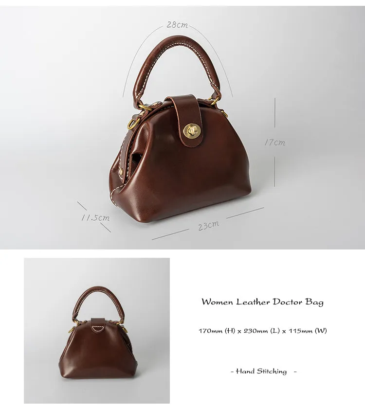 Handmade Womens Coffee Leather doctor Handbag Classic shoulder doctor bags Purse for women