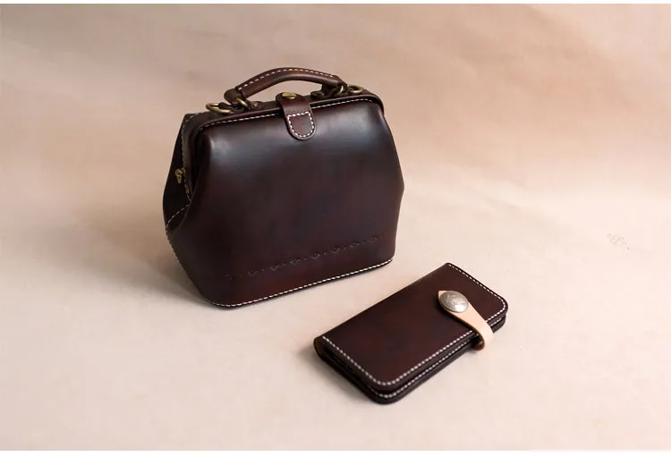 Handmade Womens Coffee Leather doctor Handbag shoulder doctor bags Purse for women