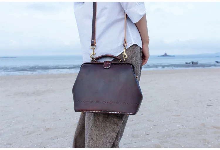 Handmade Womens Coffee Leather doctor Handbag shoulder doctor bags Purse for women
