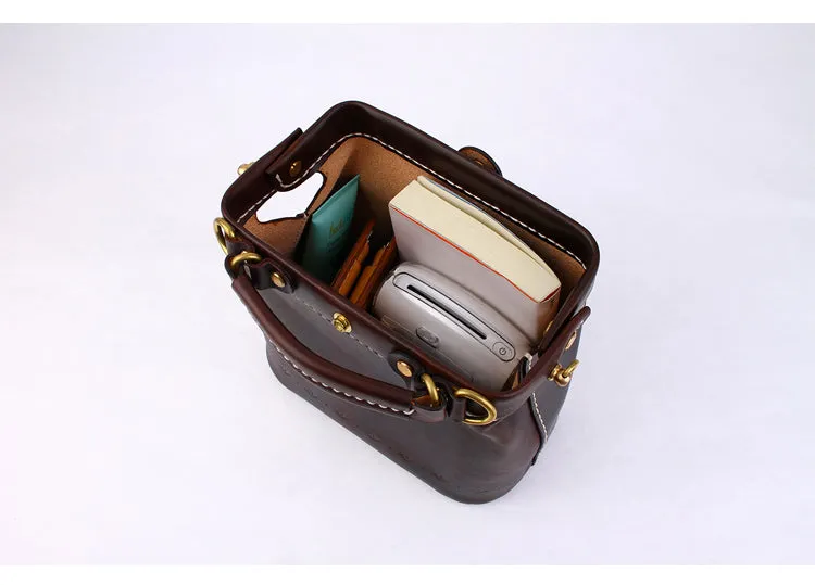 Handmade Womens Coffee Leather Mini doctor Handbag shoulder doctor bags for women