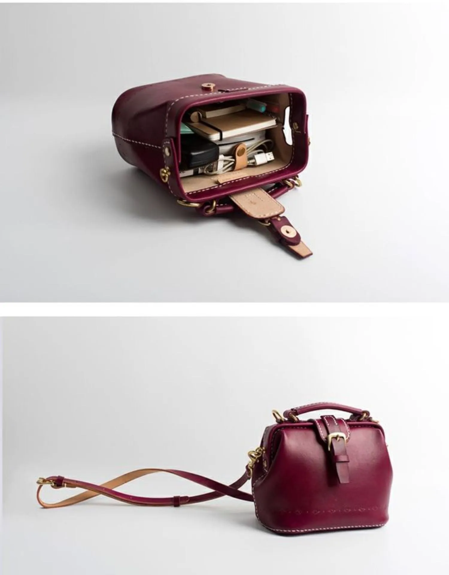 Handmade Womens Dark Red Leather Small doctor Purse Raspberry shoulder doctor bags for women