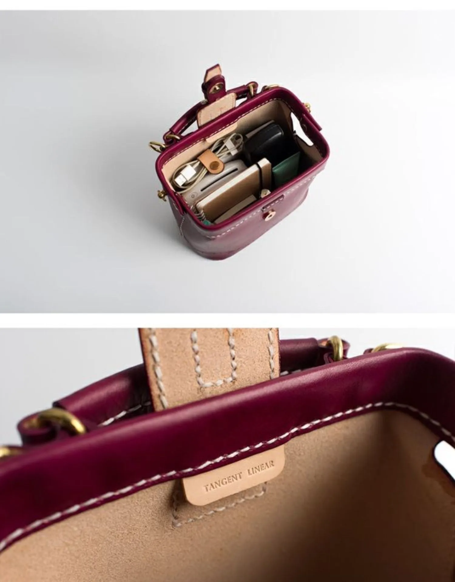 Handmade Womens Dark Red Leather Small doctor Purse Raspberry shoulder doctor bags for women