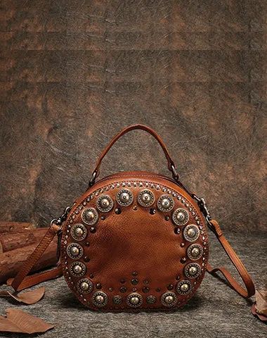 Handmade Womens Gray Leather Round Handbag Purses Rivet Round Shoulder Bag Crossbody Handbag for Women