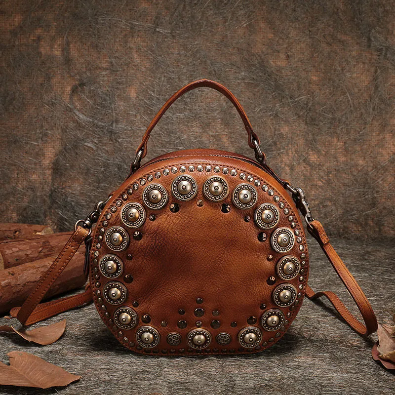 Handmade Womens Gray Leather Round Handbag Purses Rivet Round Shoulder Bag Crossbody Handbag for Women