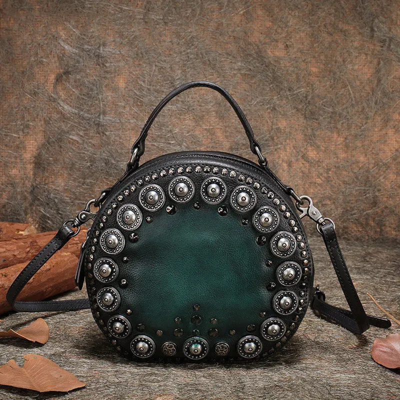 Handmade Womens Gray Leather Round Handbag Purses Rivet Round Shoulder Bag Crossbody Handbag for Women