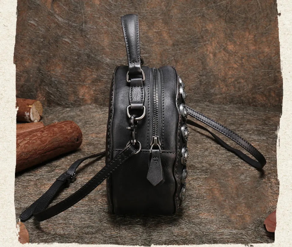 Handmade Womens Gray Leather Round Handbag Purses Rivet Round Shoulder Bag Crossbody Handbag for Women
