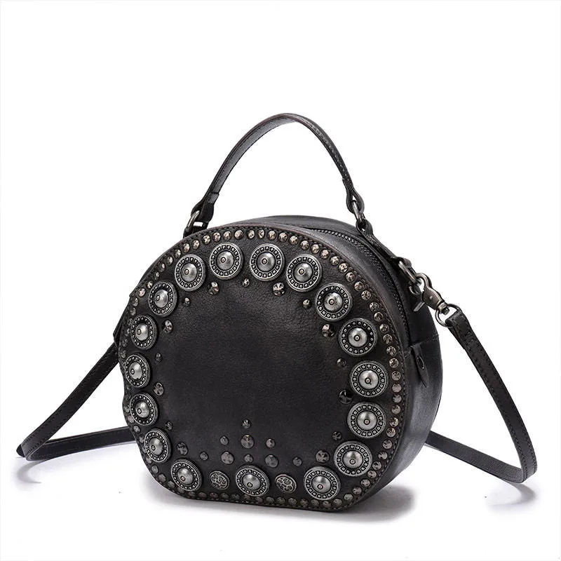 Handmade Womens Gray Leather Round Handbag Purses Rivet Round Shoulder Bag Crossbody Handbag for Women