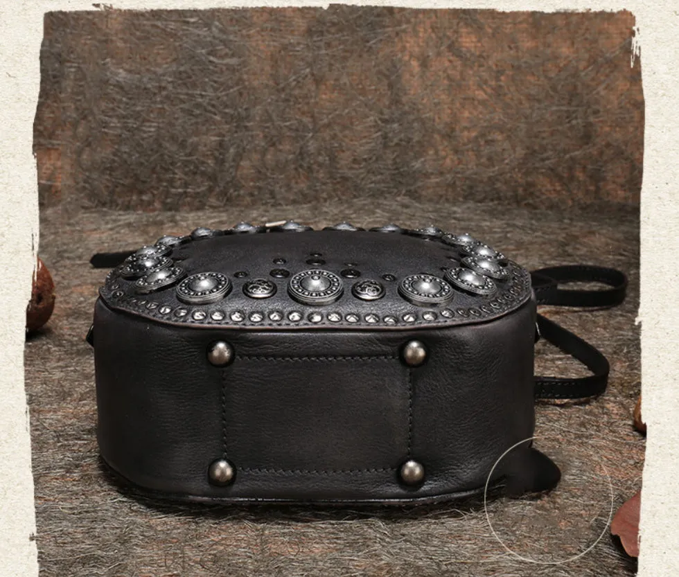 Handmade Womens Gray Leather Round Handbag Purses Rivet Round Shoulder Bag Crossbody Handbag for Women