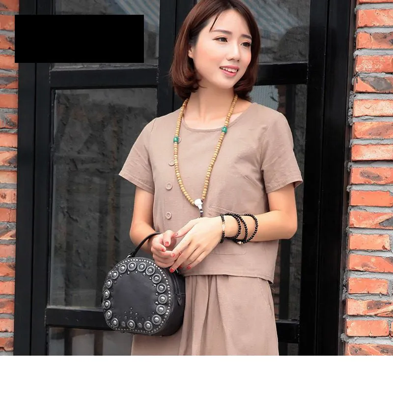 Handmade Womens Gray Leather Round Handbag Purses Rivet Round Shoulder Bag Crossbody Handbag for Women