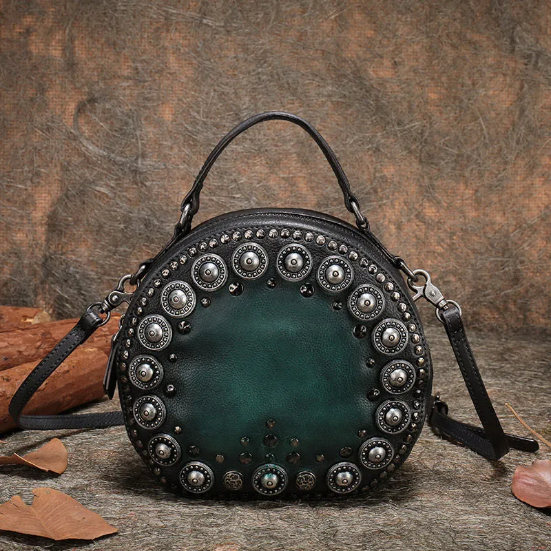 Handmade Womens Gray Leather Round Handbag Purses Rivet Round Shoulder Bag Crossbody Handbag for Women