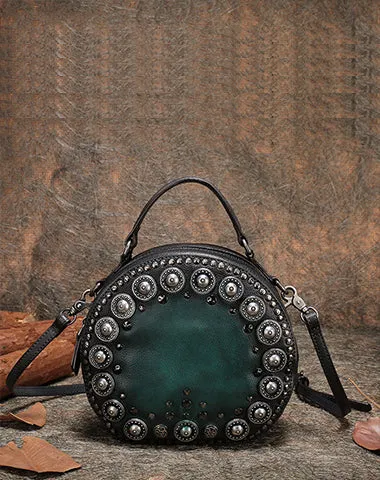 Handmade Womens Gray Leather Round Handbag Purses Rivet Round Shoulder Bag Crossbody Handbag for Women