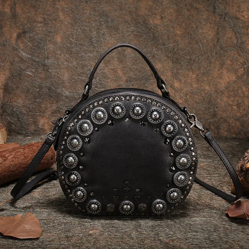 Handmade Womens Gray Leather Round Handbag Purses Rivet Round Shoulder Bag Crossbody Handbag for Women