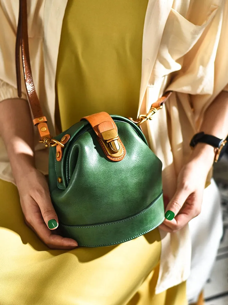 Handmade Womens Green Leather Doctor Bucket Shoulder Purses Green Doctor Crossbody Purse for Women