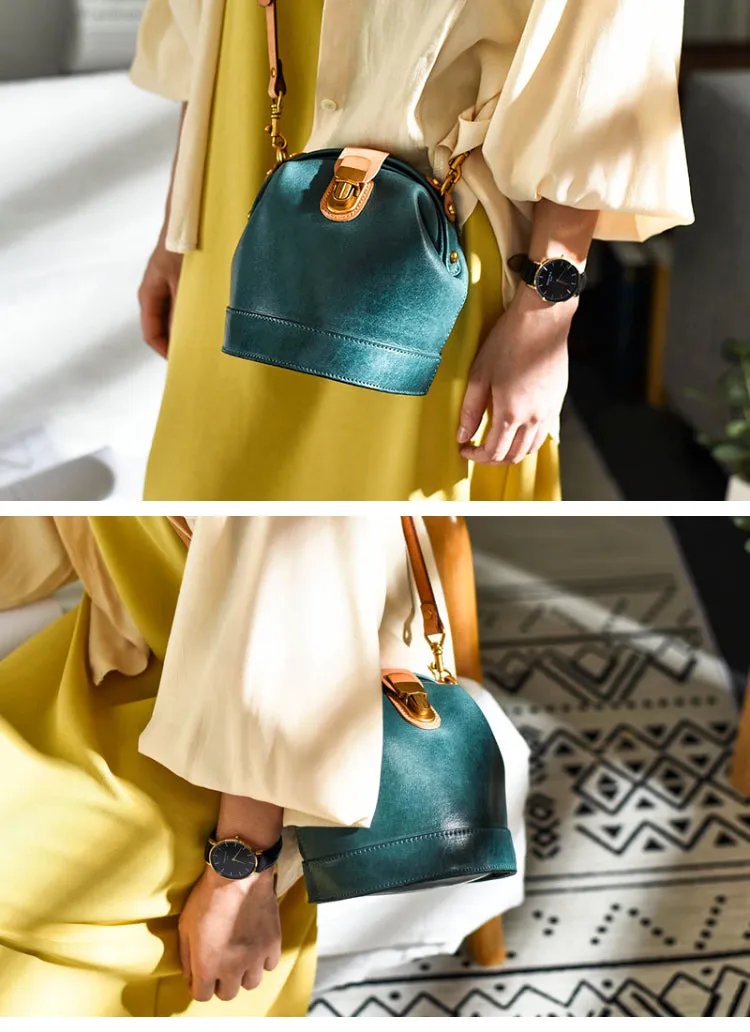 Handmade Womens Green Leather Doctor Bucket Shoulder Purses Green Doctor Crossbody Purse for Women