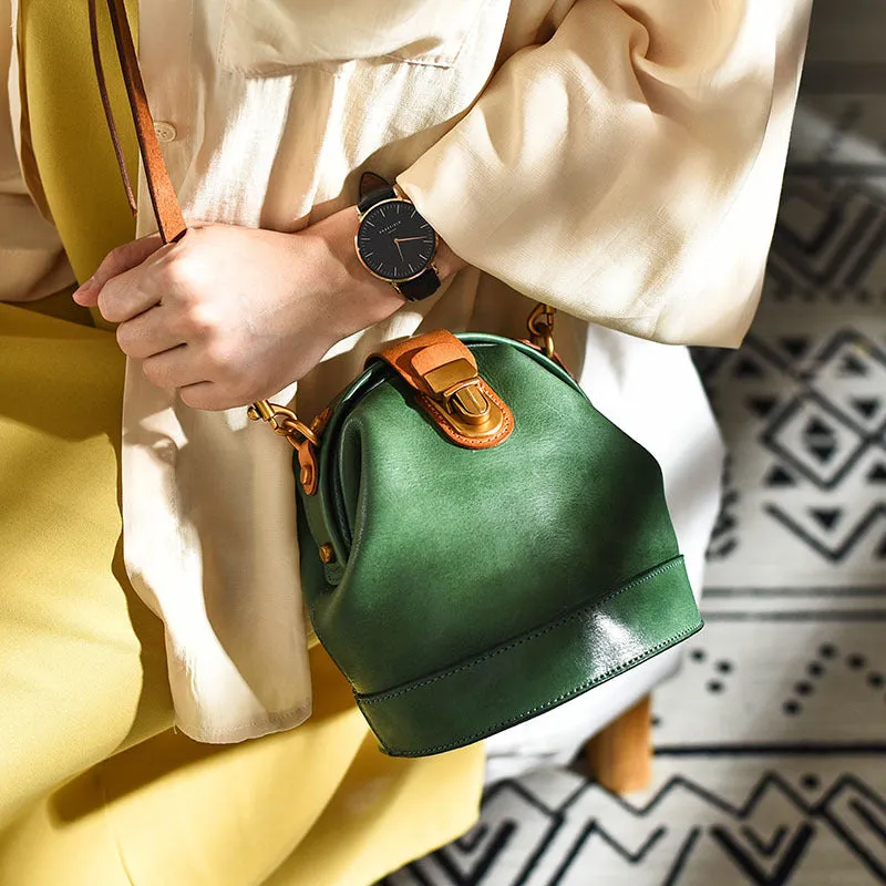 Handmade Womens Green Leather Doctor Bucket Shoulder Purses Green Doctor Crossbody Purse for Women