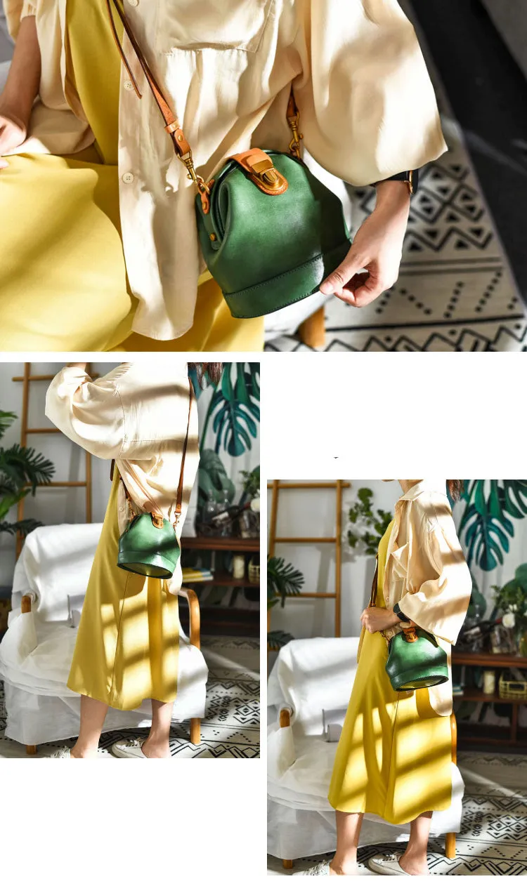 Handmade Womens Green Leather Doctor Bucket Shoulder Purses Green Doctor Crossbody Purse for Women