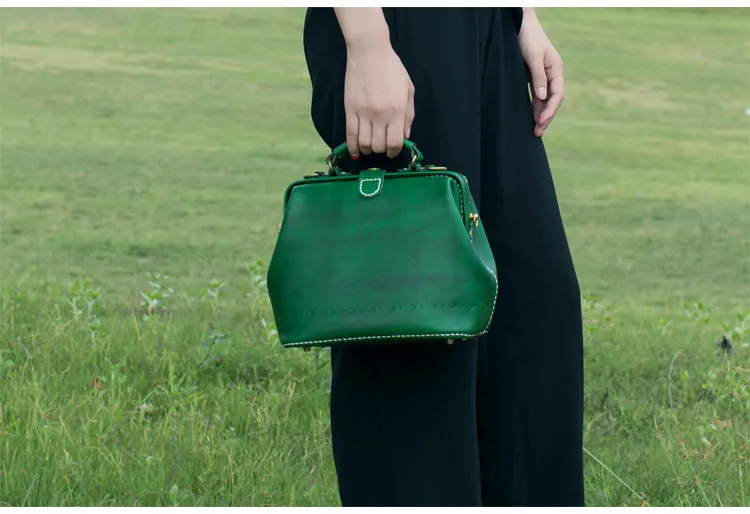 Handmade Womens Green Leather doctor Handbag shoulder doctor bags Purse for women