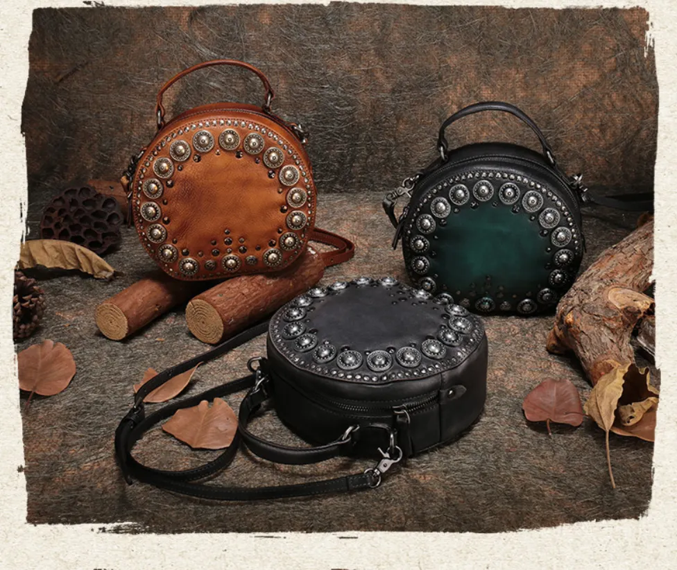 Handmade Womens Green Leather Round Handbag Purses Rivet Round Shoulder Bag Crossbody Handbag for Women