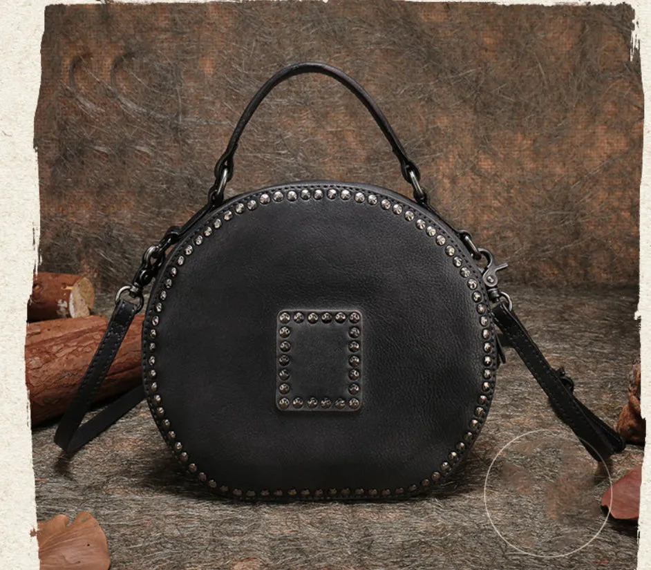 Handmade Womens Green Leather Round Handbag Purses Rivet Round Shoulder Bag Crossbody Handbag for Women