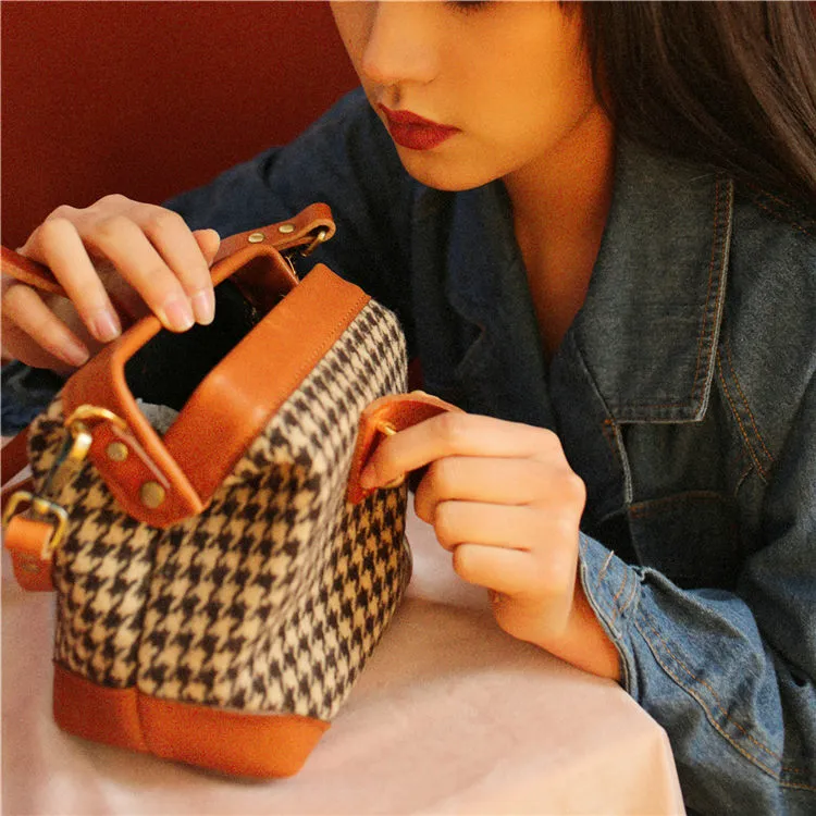 Handmade Womens Leather Tweed Doctor Handbag Small Side Purses Doctor Purse for Women