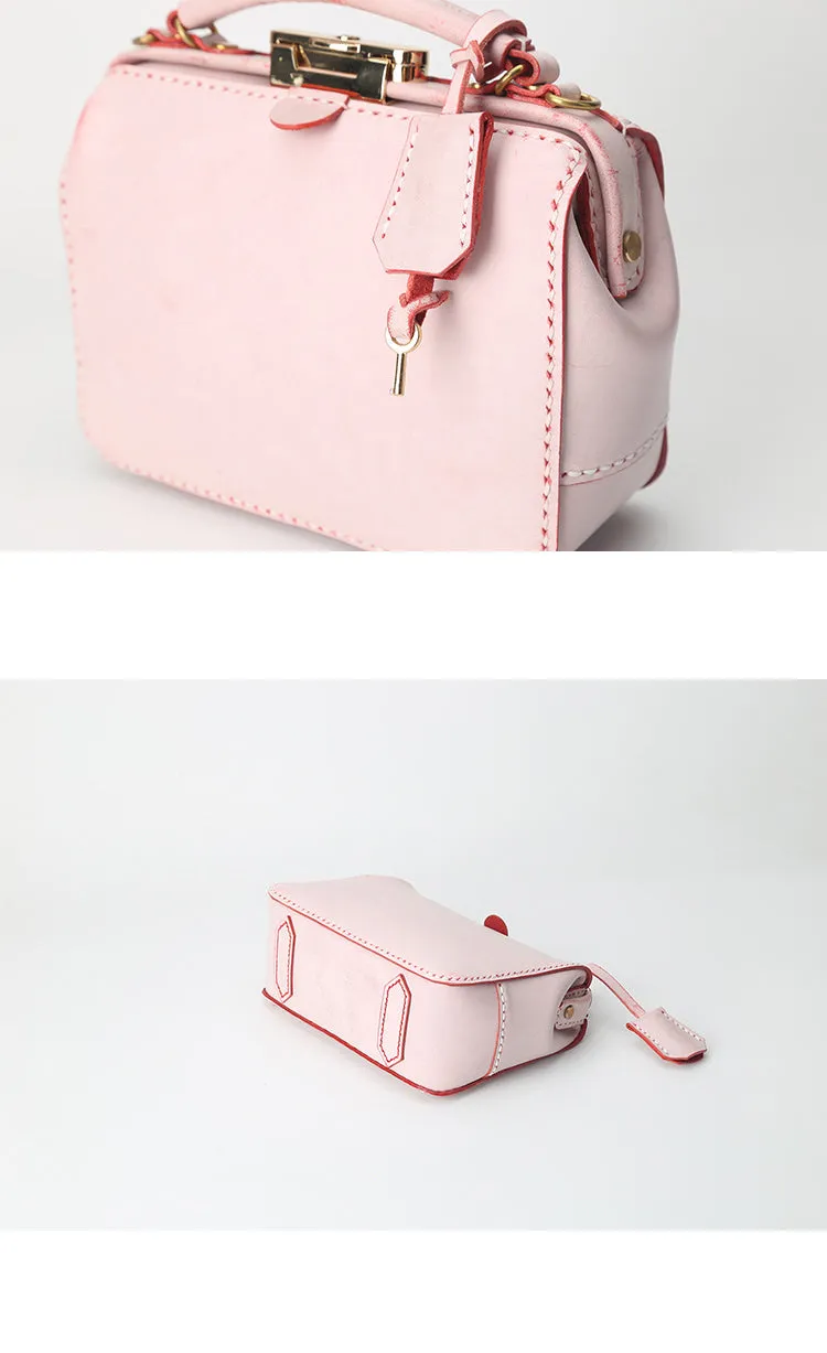 Handmade Womens Pink Leather doctor Handbag Classic shoulder doctor bags Purse for women
