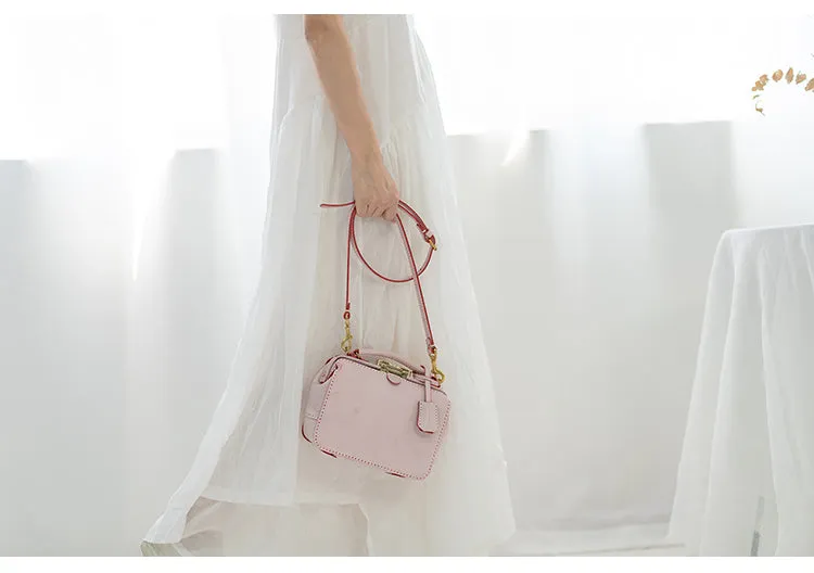 Handmade Womens Pink Leather doctor Handbag Classic shoulder doctor bags Purse for women