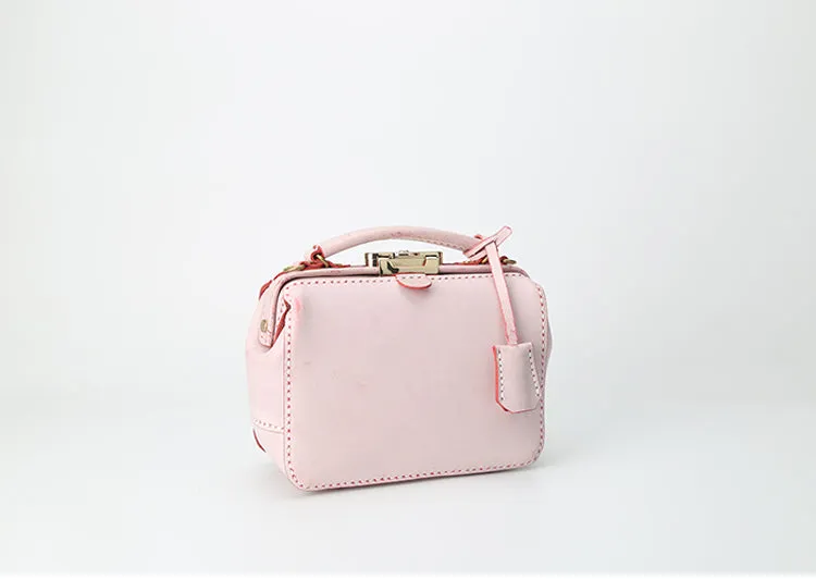 Handmade Womens Pink Leather doctor Handbag Classic shoulder doctor bags Purse for women