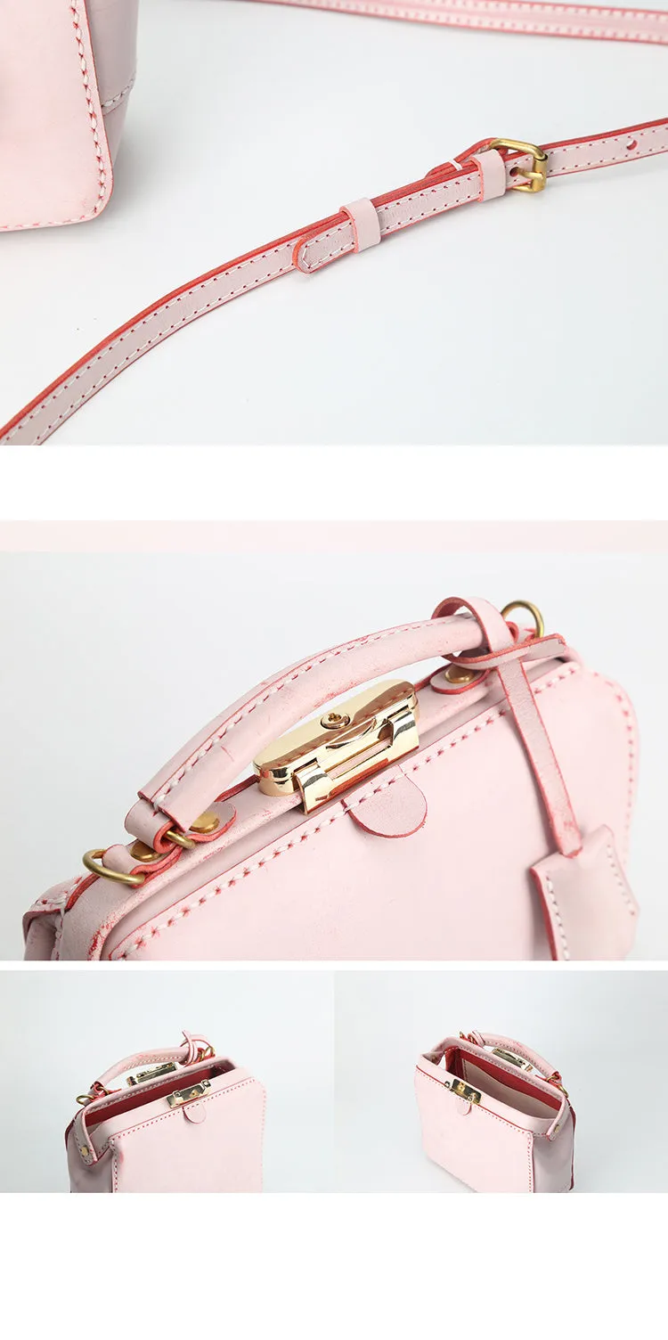 Handmade Womens Pink Leather doctor Handbag Classic shoulder doctor bags Purse for women