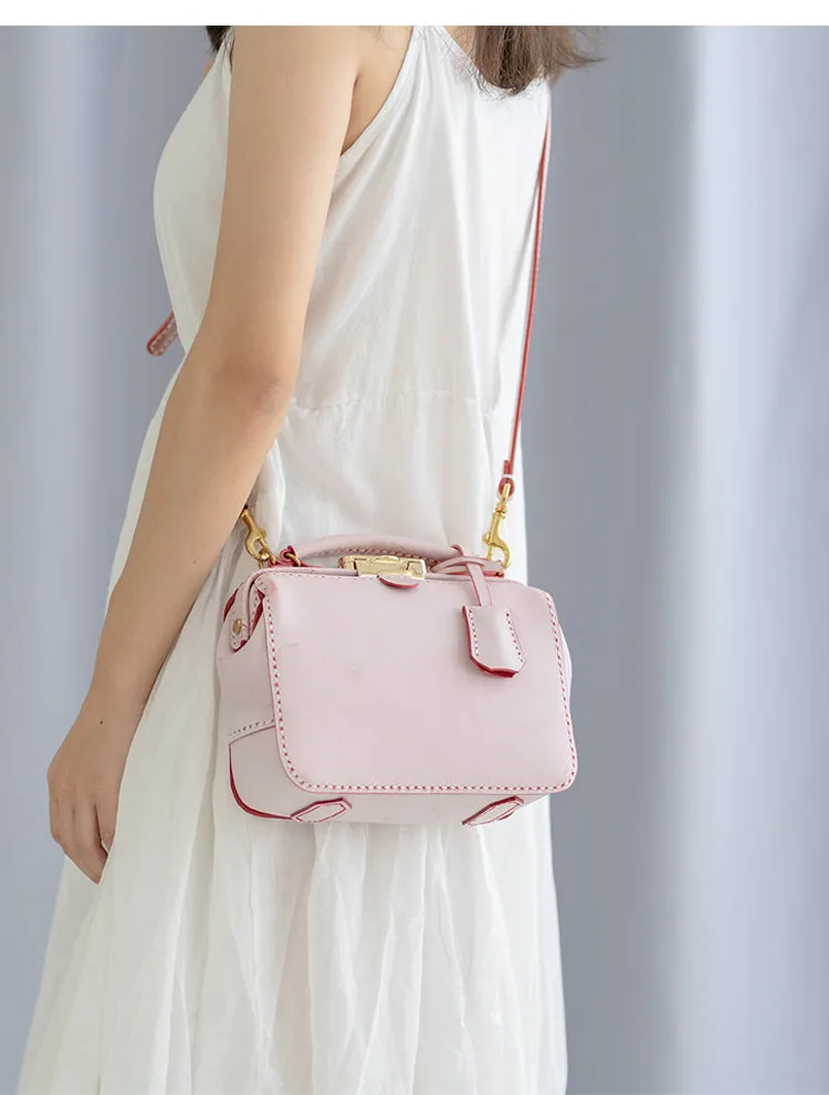 Handmade Womens Pink Leather doctor Handbag Classic shoulder doctor bags Purse for women