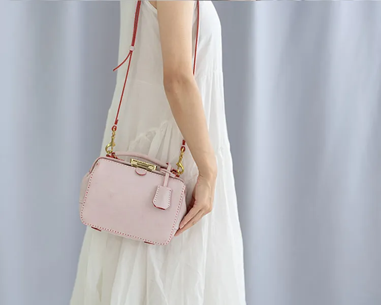 Handmade Womens Pink Leather doctor Handbag Classic shoulder doctor bags Purse for women