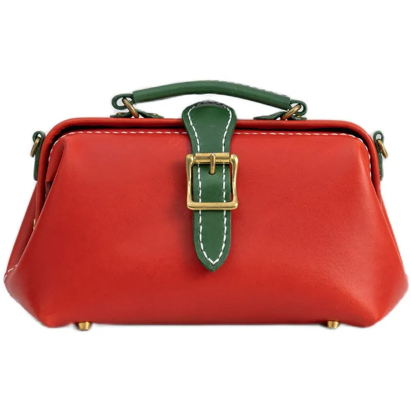 Handmade Womens Red Green Leather Doctor Handbag Side Purse Small Doctor Purse for Women