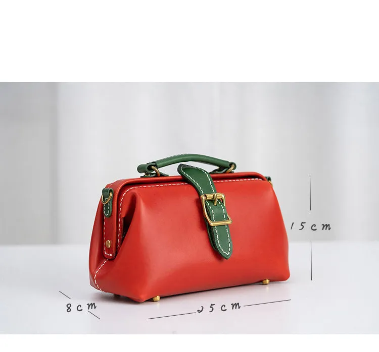 Handmade Womens Red Green Leather Doctor Handbag Side Purse Small Doctor Purse for Women