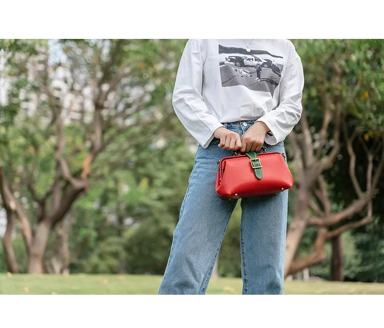 Handmade Womens Red Green Leather Doctor Handbag Side Purse Small Doctor Purse for Women