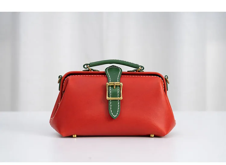 Handmade Womens Red Green Leather Doctor Handbag Side Purse Small Doctor Purse for Women