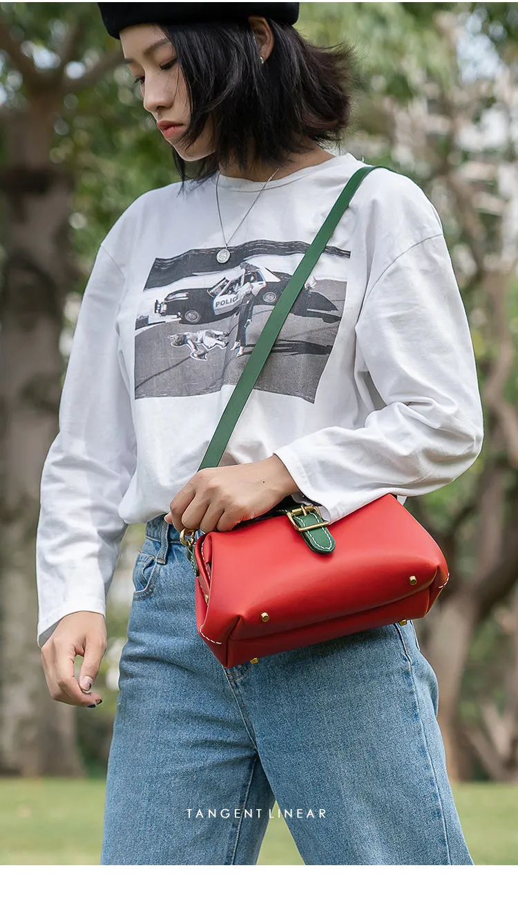 Handmade Womens Red Green Leather Doctor Handbag Side Purse Small Doctor Purse for Women