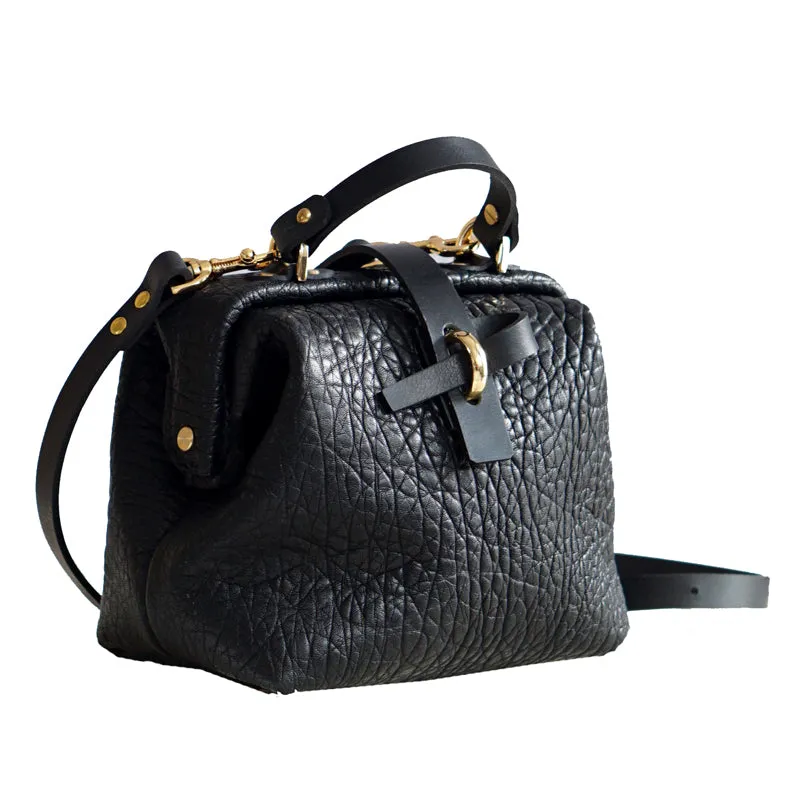 Handmade Womens Small Black Leather Doctor Handbag Side Purse Doctor Purse for Women