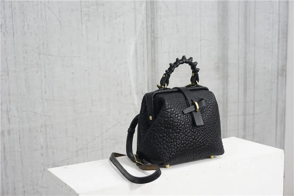 Handmade Womens Small Black Leather Doctor Handbag Side Purse Doctor Purse for Women