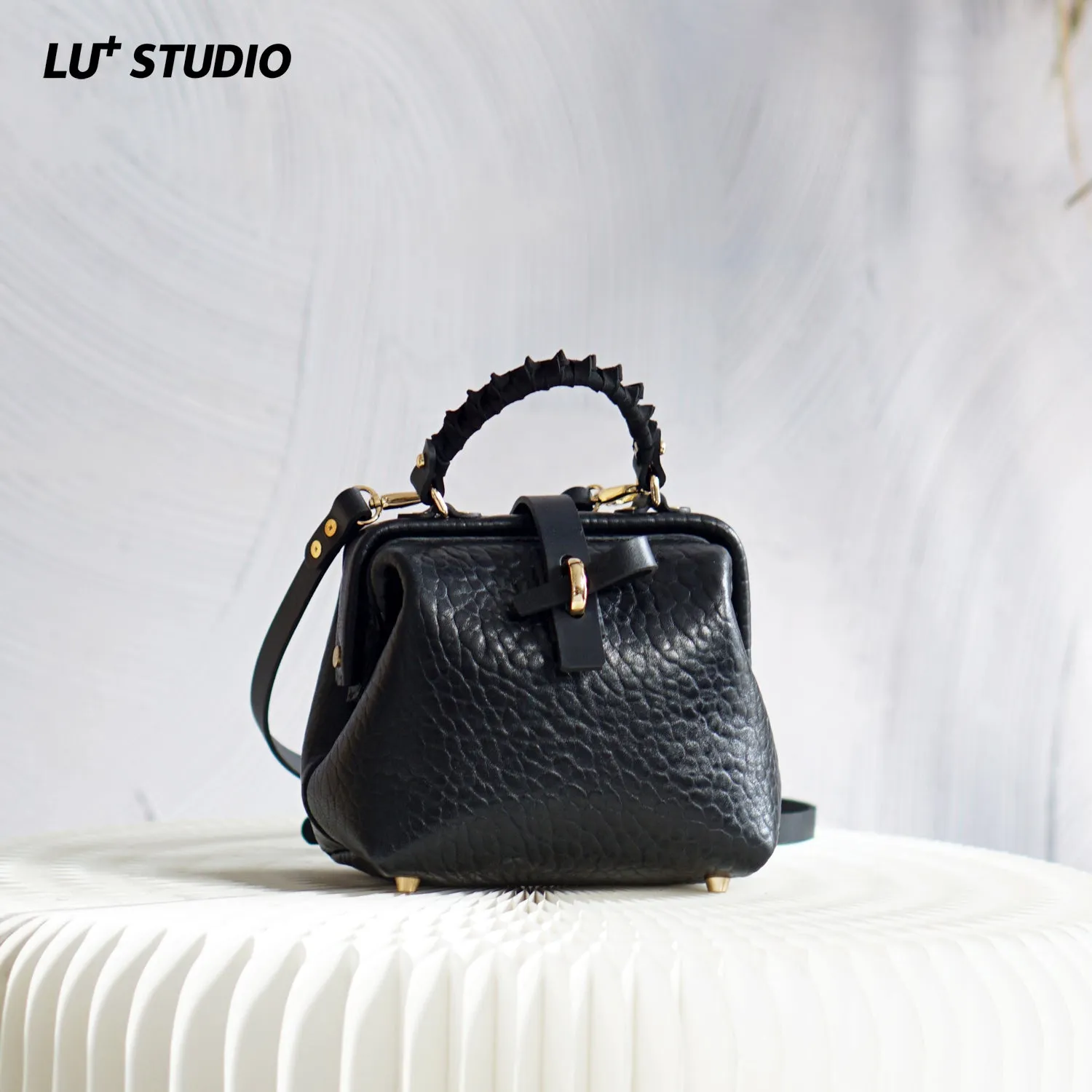 Handmade Womens Small Black Leather Doctor Handbag Side Purse Doctor Purse for Women
