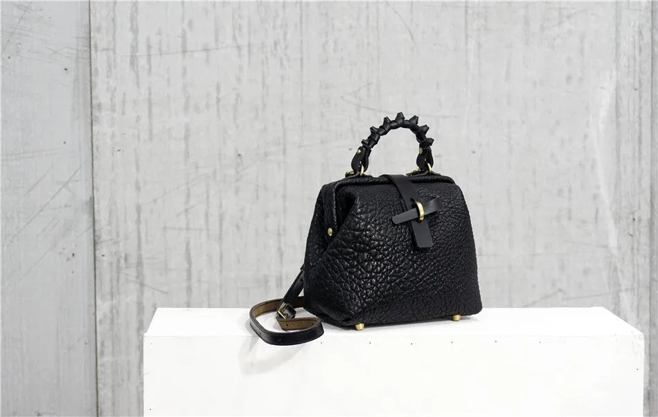 Handmade Womens Small Black Leather Doctor Handbag Side Purse Doctor Purse for Women