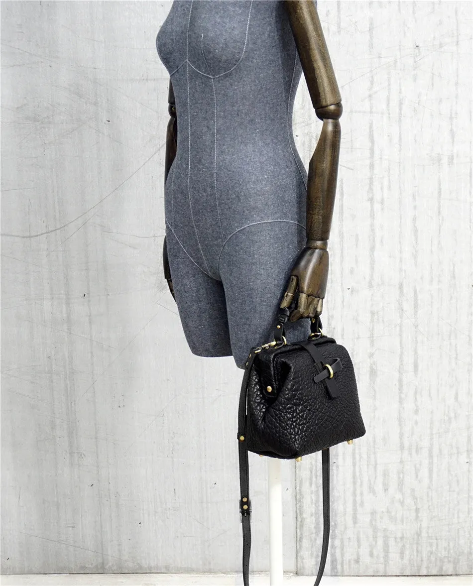 Handmade Womens Small Black Leather Doctor Handbag Side Purse Doctor Purse for Women